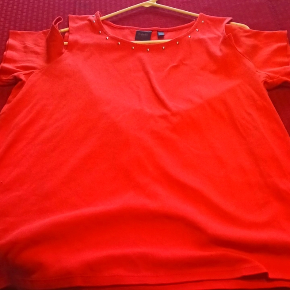 Rafaella size 1x orange/pink studded neckline open shoulder shirt